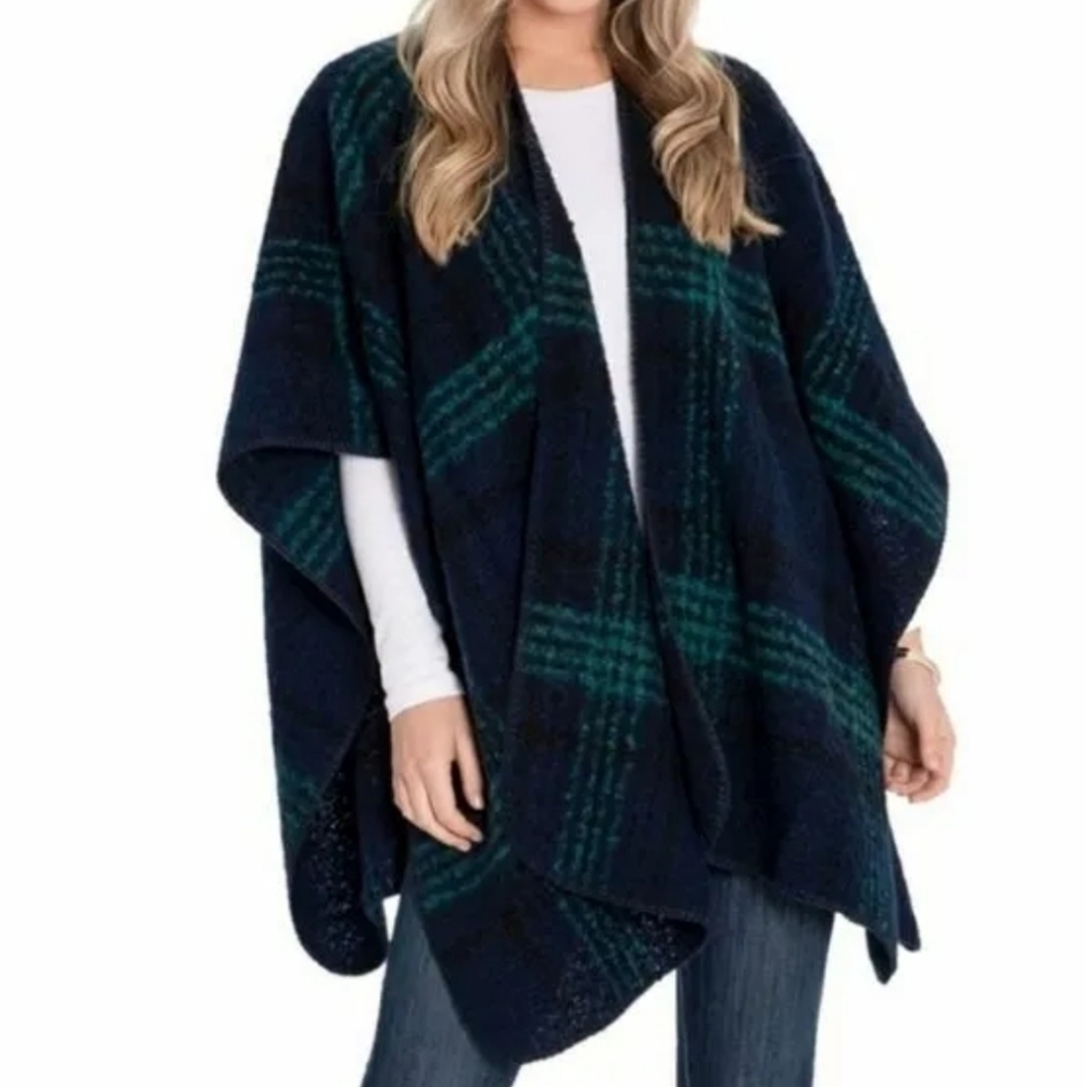 Woolrich Blue Green Boucle Brooke Plaid Poncho One Size
